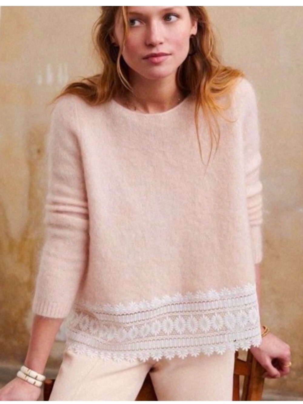 Sezane Soft Lace Hem Sweater - Pink